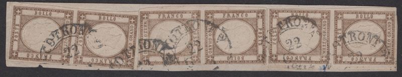 1861, 1/2 grano bis tro bruno n. 18: tre coppie su frammento (annullate a Cotrone)