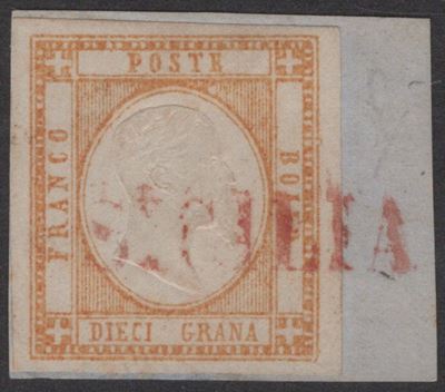 Da Sicilia, annullo in rosso per 10 grana arancio (12pt.), Prov. Napoletane, 1861