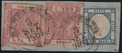Napoli, Affrancatura mista con le Province Napoletane, 5gr. carminio scuro e 2gr. azzurro, 1861