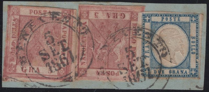 Napoli, Affrancatura mista con le Province Napoletane, 5gr. carminio scuro e 2gr. azzurro, 1861