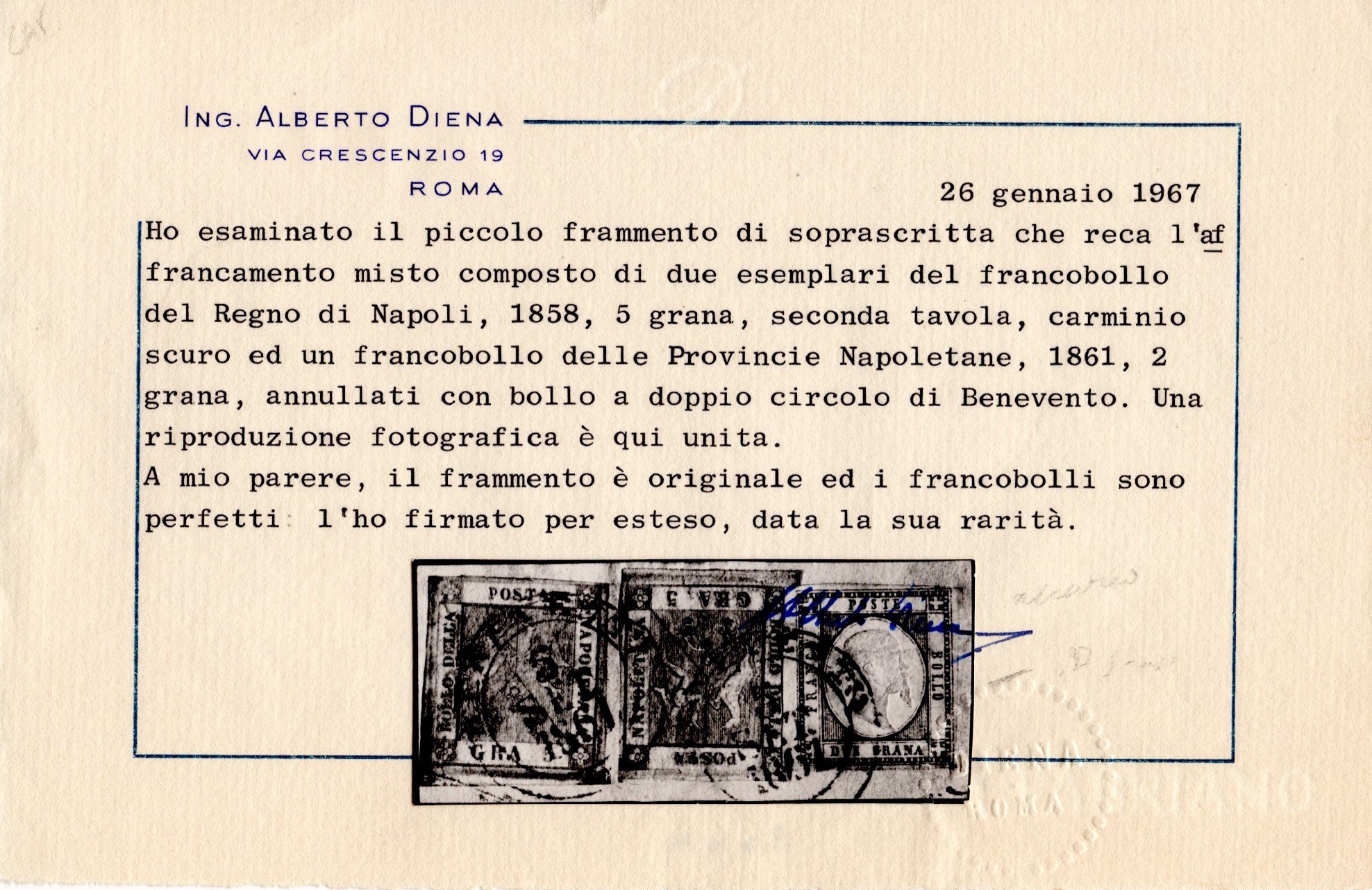 Napoli, Affrancatura mista con le Province Napoletane, 5gr. carminio scuro e 2gr. azzurro, 1861