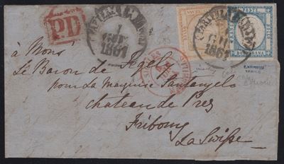 Prov. Napoletane, Lettera da Napoli per Friburgo, 1861 con affrancatura a 22 grana