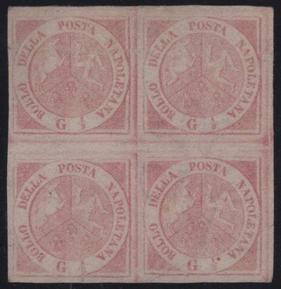 Napoli, 1/2 Grano Rosa n.2c/2f del 1858 in quartina nuova