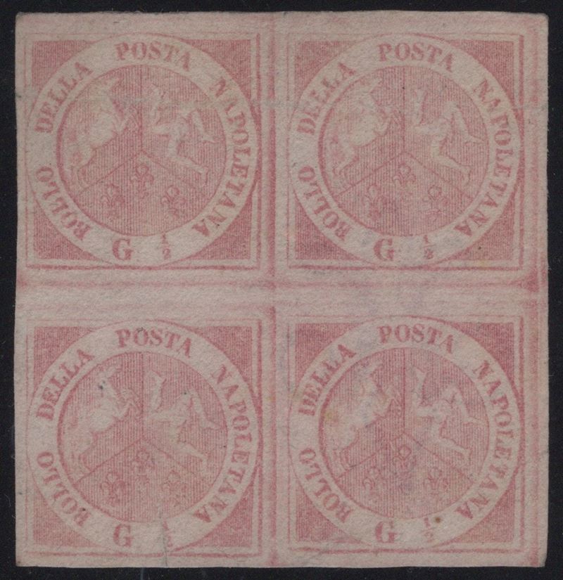 Napoli, 1/2 Grano Rosa n.2c/2f del 1858 in quartina nuova