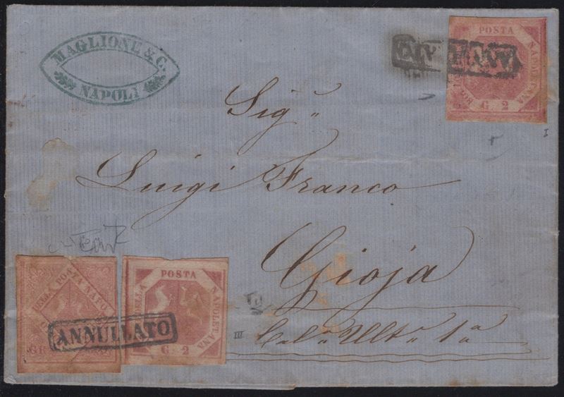 Raybaudi, Napoli, affrancatura per lettera del 21.01.1861: 20 gr. I tav. n.12a + 2 gr. I tipo tav...