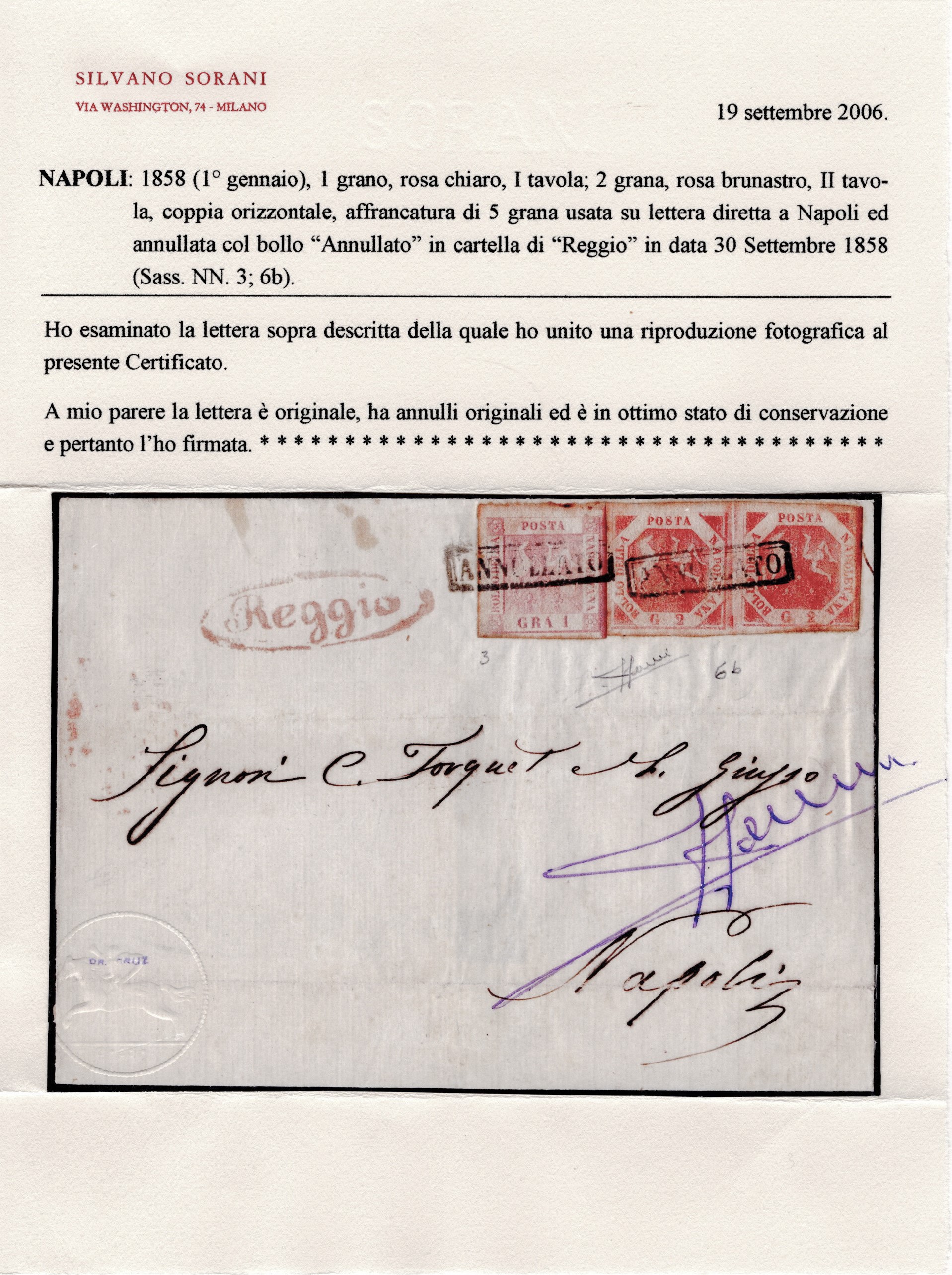 Francobolli del Regno d’Italia, Napoli e Reggio di Calabria per Napoli (combinazione 1 gr. I tav....