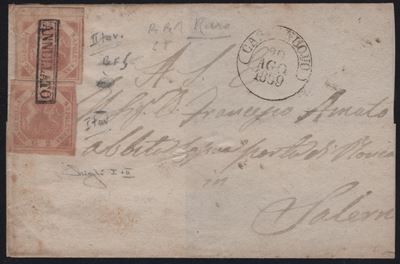 Rara affrancatura composta (2 gr I tavola + 2 gr II tavola), Napoli–Casalnuovo, 29.08.1859