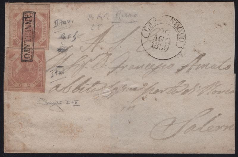 Rara affrancatura composta (2 gr I tavola + 2 gr II tavola), Napoli–Casalnuovo, 29.08.1859