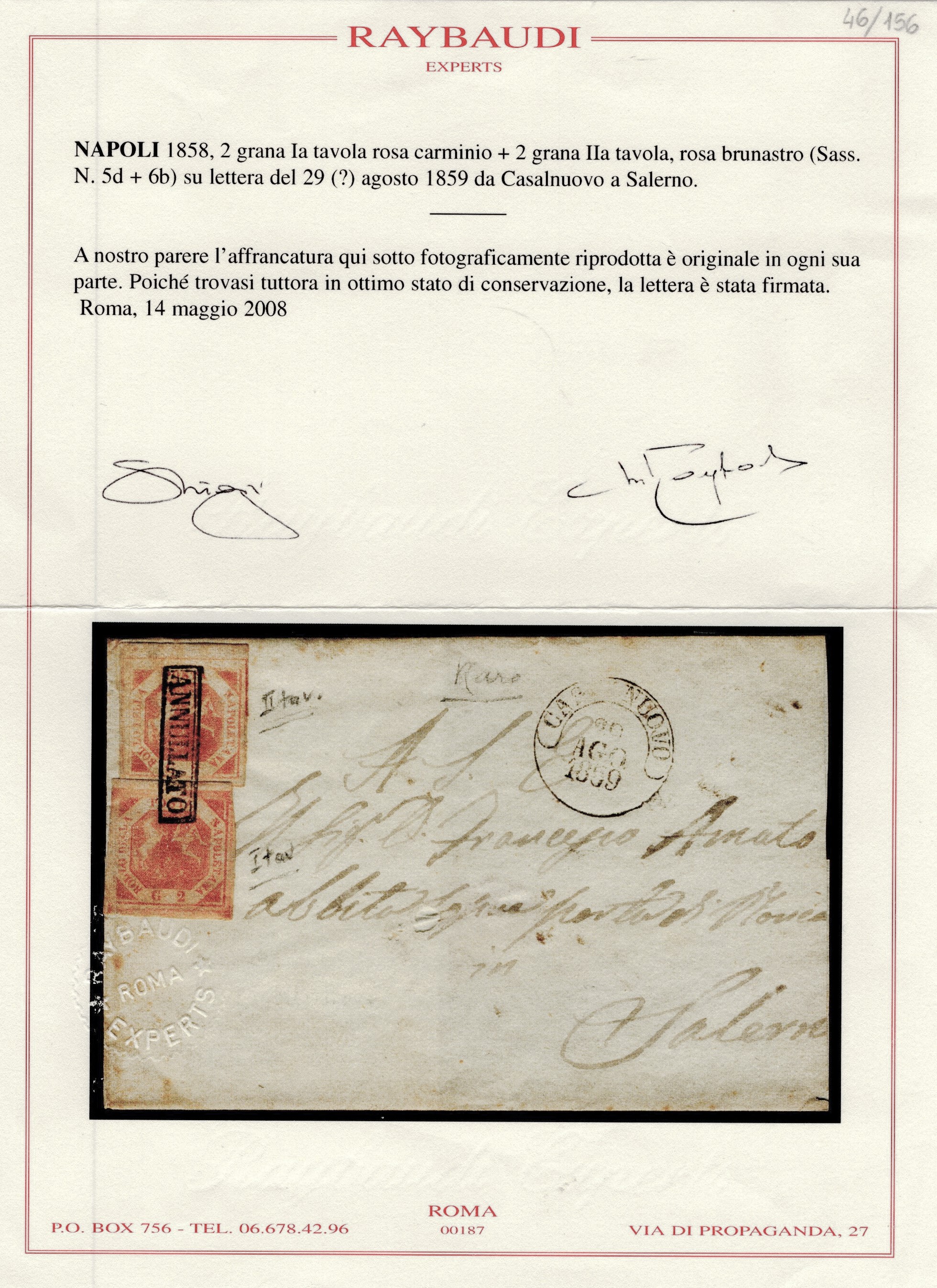 Rara affrancatura composta (2 gr I tavola + 2 gr II tavola), Napoli–Casalnuovo, 29.08.1859