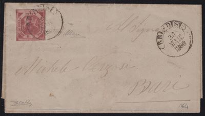 Lettera di Napoli a Brindisi, 1860, con affrancatura 2gr. carminio vivo n.5f e cerchio di Brindis...