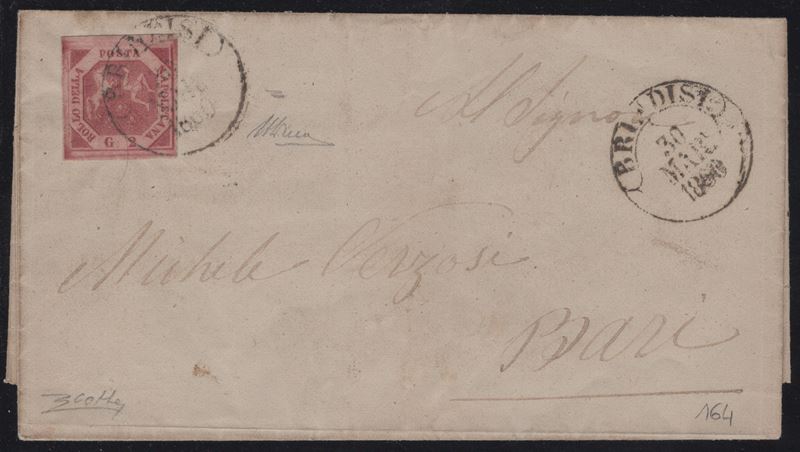 Lettera di Napoli a Brindisi, 1860, con affrancatura 2gr. carminio vivo n.5f e cerchio di Brindis...