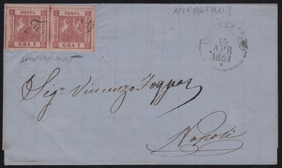 Svolazzi, Nicastro (9pt.) - Lettera affrancata del 12 aprile 1861 con coppia del 1gr carminio n.3...