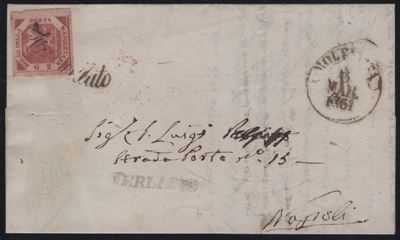 Lettera postale da Terlizzi a Napoli con affrancatura 2gr. carminio n.5e e svolazzo di Molfetta