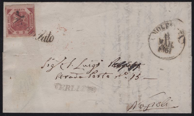 Lettera postale da Terlizzi a Napoli con affrancatura 2gr. carminio n.5e e svolazzo di Molfetta