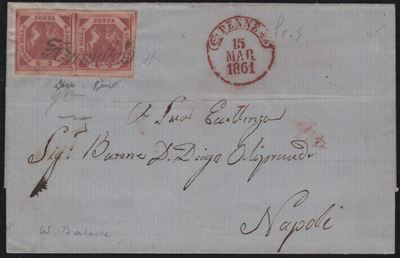 Lettera da Penne a Napoli del 15.03.1861 con affrancatura a coppia del 2gr. I tav. carminio vivo ...