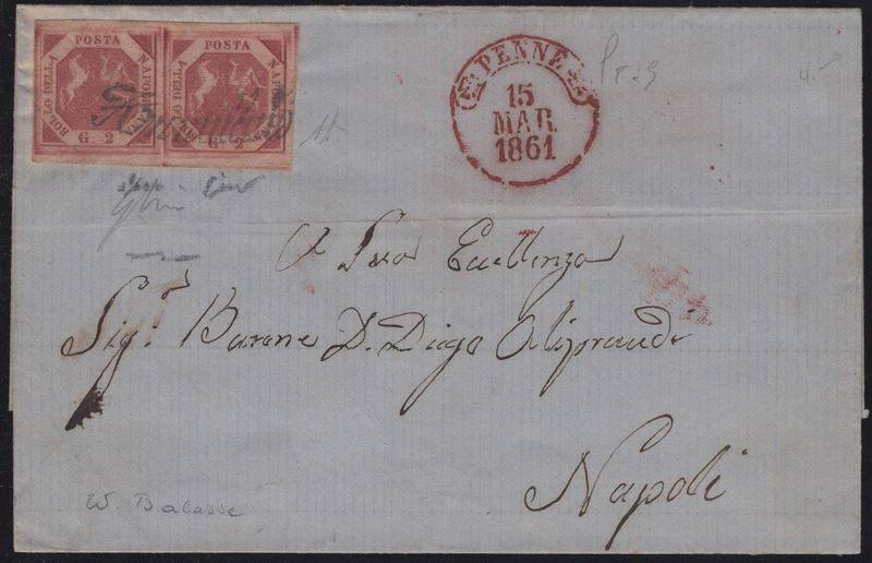 Lettera da Penne a Napoli del 15.03.1861 con affrancatura a coppia del 2gr. I tav. carminio vivo ...