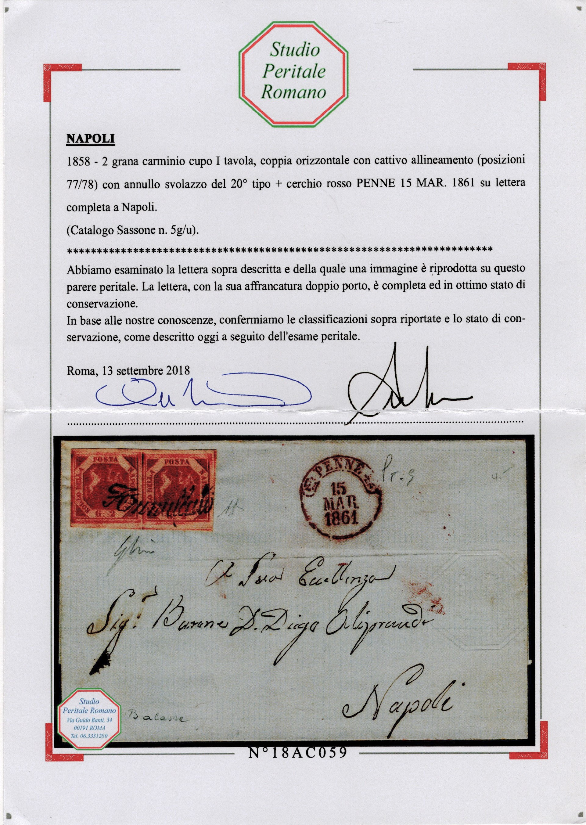 Lettera da Penne a Napoli del 15.03.1861 con affrancatura a coppia del 2gr. I tav. carminio vivo ...