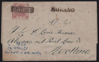 Morano, Lettera affrancata con 2gr. III tipo rosa carminio n.7c