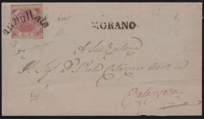Napoli, Fronte di lettera affrancata con 2gr. III tav. rosa carminio n.7c e raro svolazzo tipo 9 ...