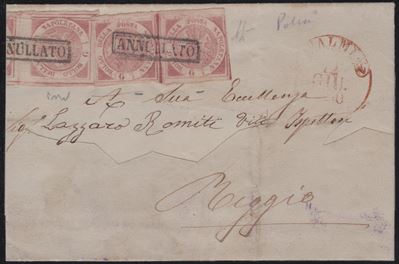 Napoli, 12.06.1860 - Gran parte di lettera affrancata con tre esemplari da 1/2 gr. rosa lillaceo ...