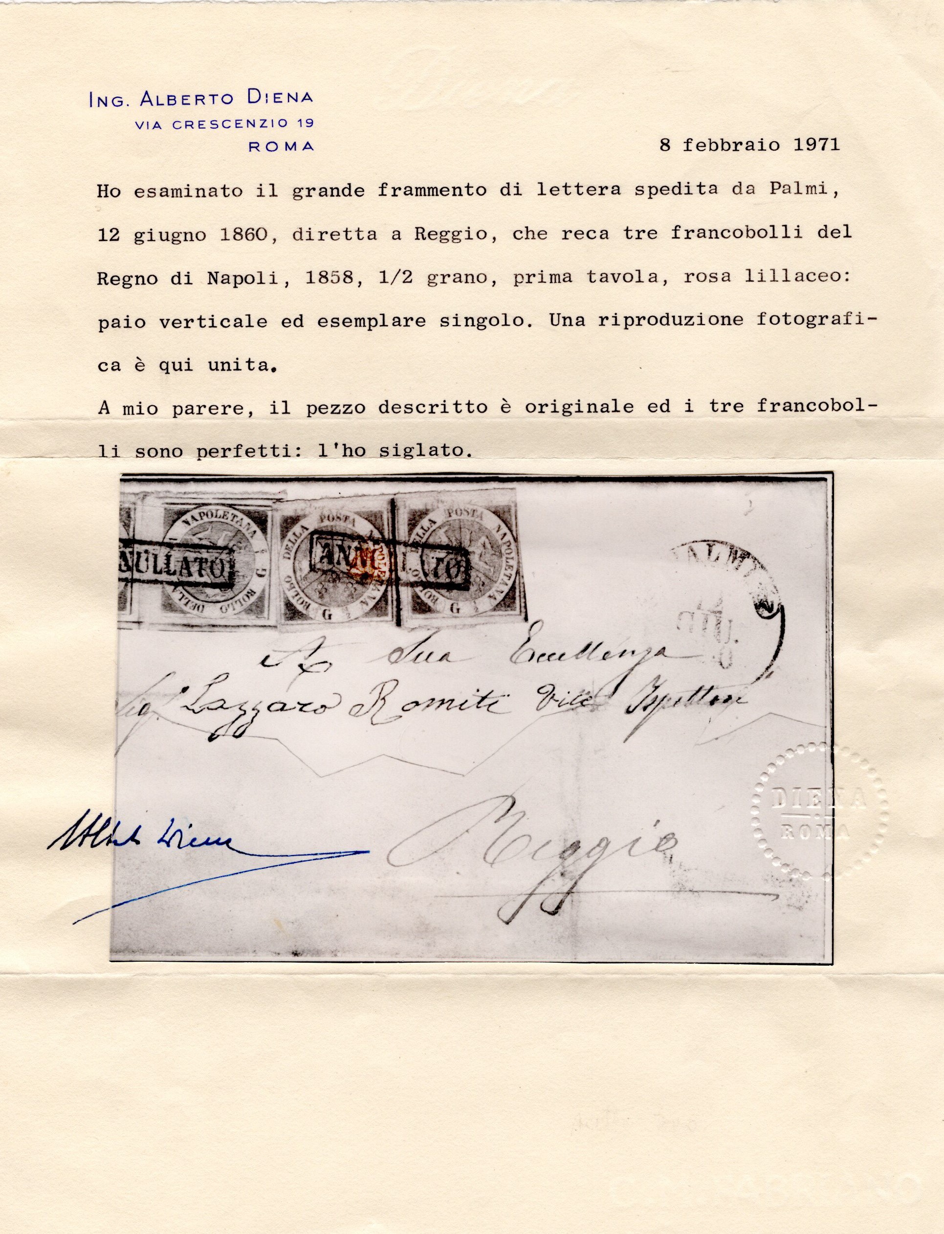 Napoli, 12.06.1860 - Gran parte di lettera affrancata con tre esemplari da 1/2 gr. rosa lillaceo ...