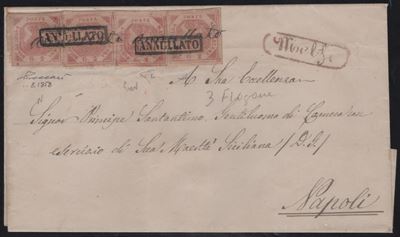 Melfi, Lettera affrancata per Napoli con annullamento a penna e timbro postale