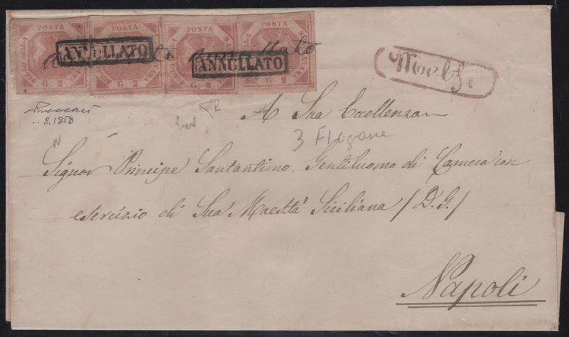 Melfi, Lettera affrancata per Napoli con annullamento a penna e timbro postale
