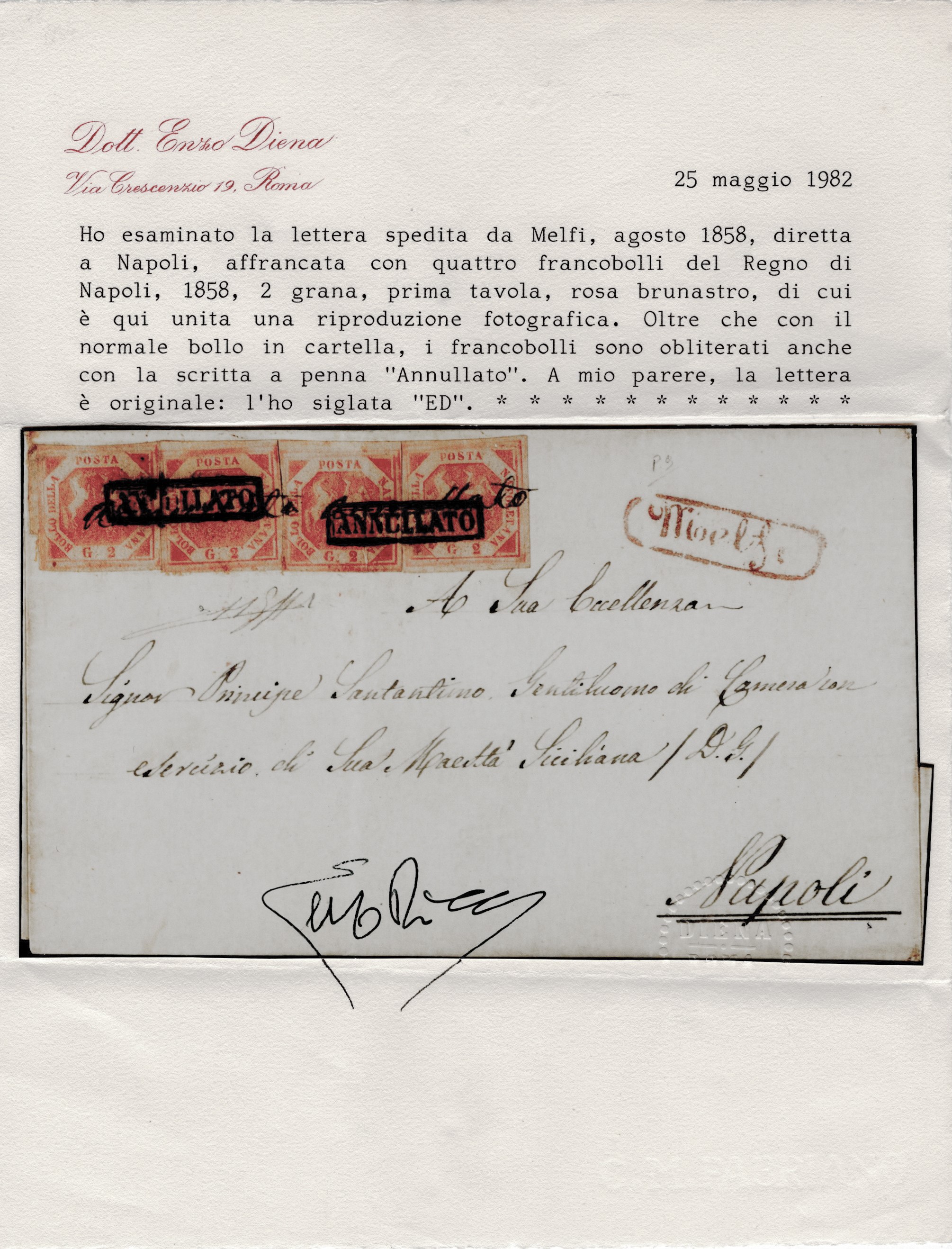 Melfi, Lettera affrancata per Napoli con annullamento a penna e timbro postale
