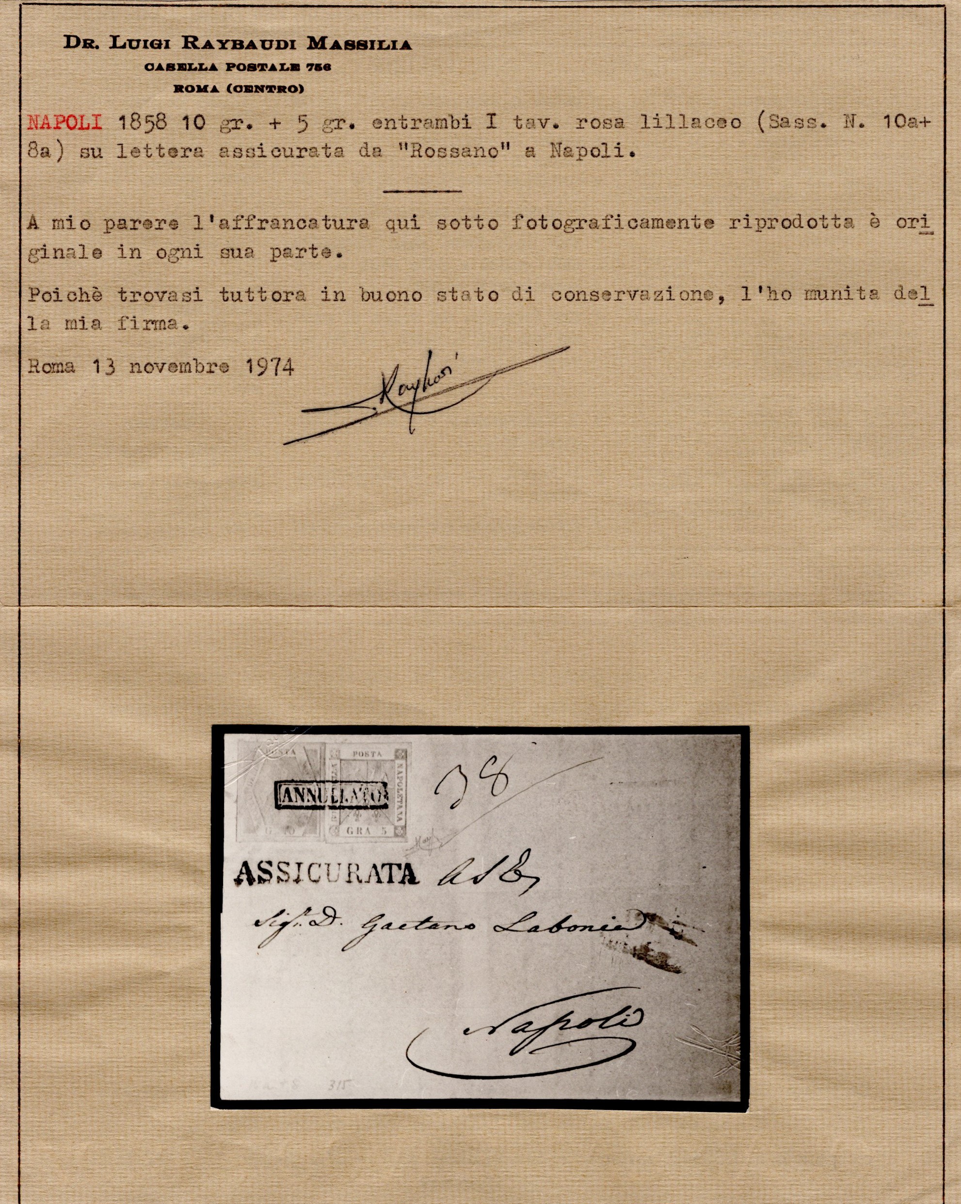 Rossi sull’assicurata, Napoli – Storia postale: lettera assicurata Rossano per Napoli con affranc...