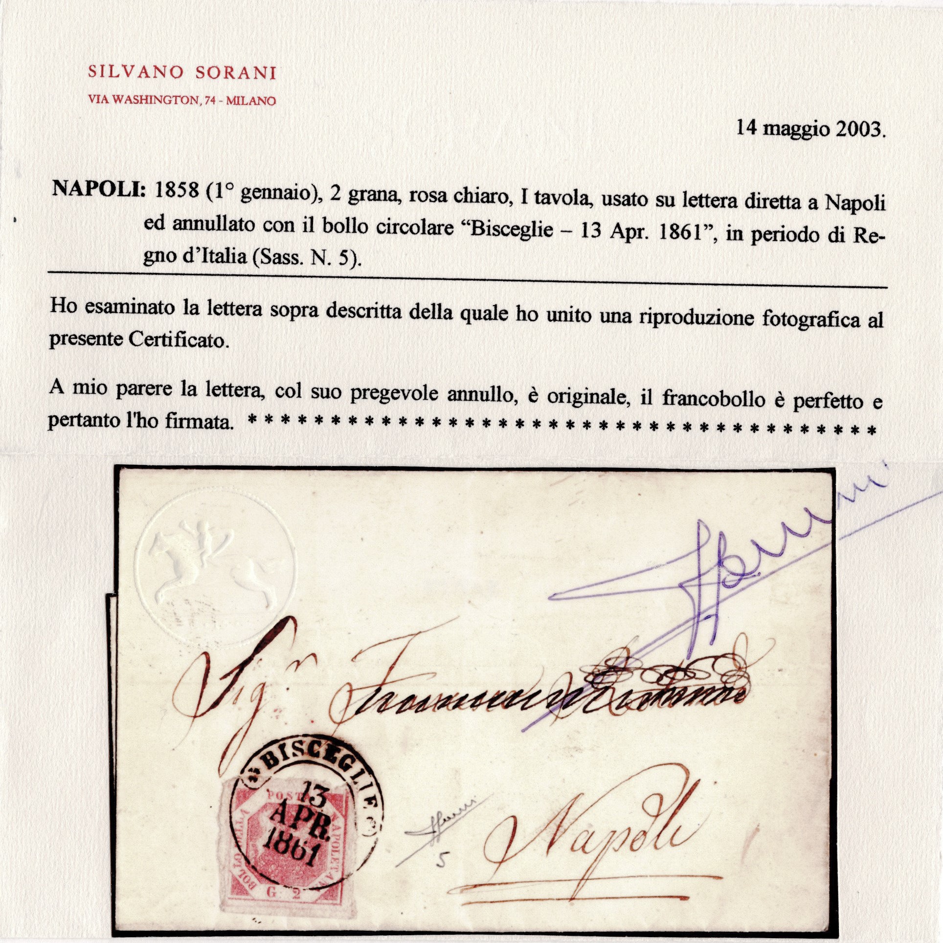 Bisceglie, Lettera affrancata per Napoli con annullo circolare (10pt.)