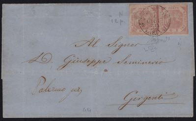 Napoli, Lettera affrancata con coppia di 2 gr. rosa n.5, annullata a Palermo
