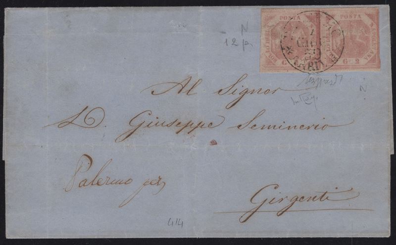 Napoli, Lettera affrancata con coppia di 2 gr. rosa n.5, annullata a Palermo