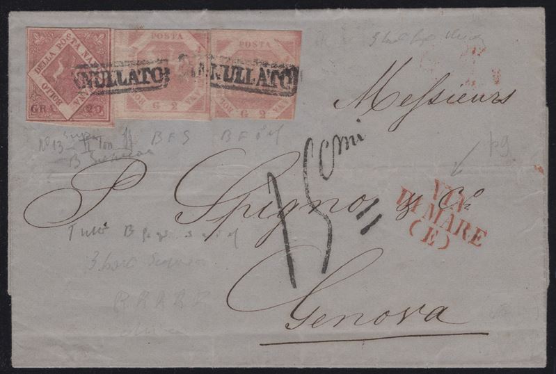 Napoli, Storia postale: lettera affrancata 24 grana con due valori da 2 grana e francobollo da 20...