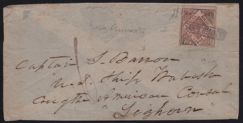 Lettera di Napoli a Livorno, affrancata con 20gr. rosa lillaceo, 1859