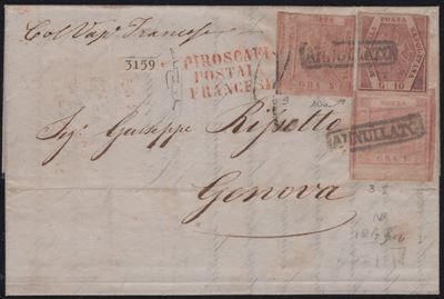 Napoli, Storia postale: lettera per Genova con affrancatura 10+5+1 gr., 1ª emissione (01.03.1859)