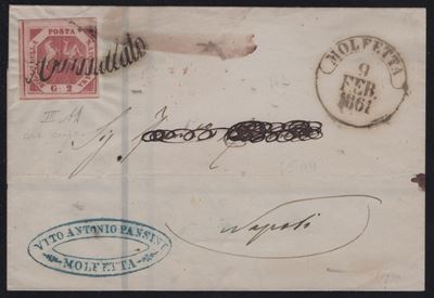 Lettera da Molfetta a Napoli, 9 febbraio 1861, affrancata con 2 gr III tav. carminio n. 7d