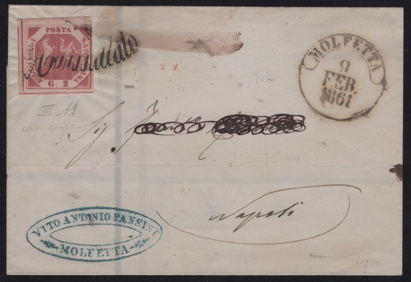 Lettera da Molfetta a Napoli, 9 febbraio 1861, affrancata con 2 gr III tav. carminio n. 7d