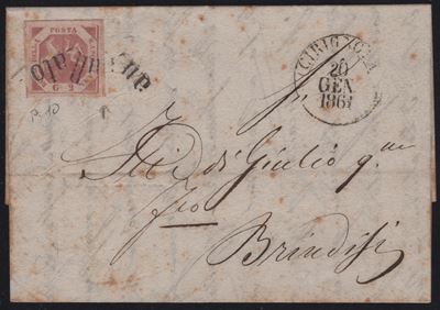 Napoli - Svolazzi, Lettera da Cerignola a Brindisi con affrancatura 2gr. rosa carminio n.5d