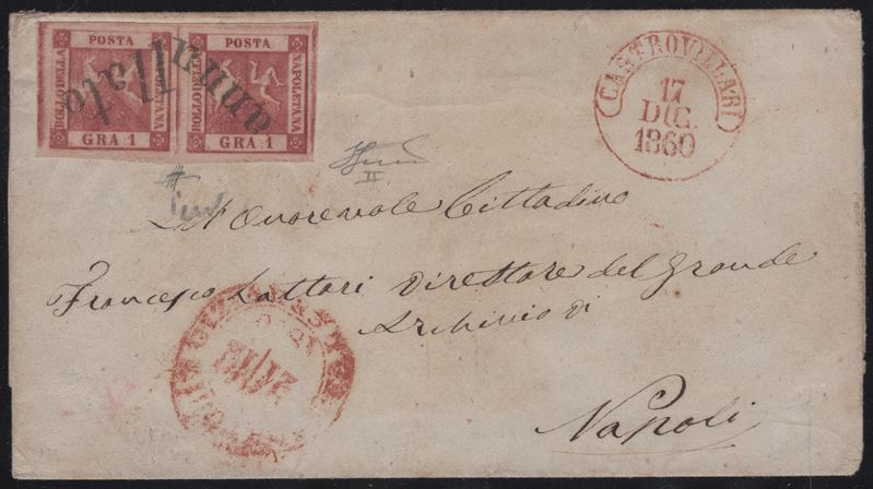 Lettera del 17.12.1860 da Castrovillari a Napoli, affrancata con coppia del 1gr. II tav carminio ...