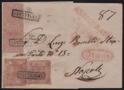 Napoli - Storia Postale, Lettera assicurata da Trani per Napoli, affrancata con combinazione di v...