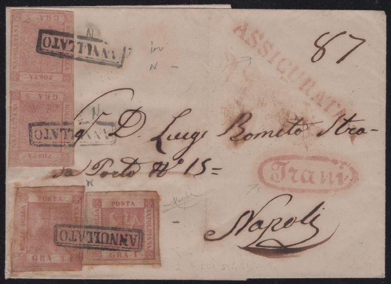 Napoli - Storia Postale, Lettera assicurata da Trani per Napoli, affrancata con combinazione di v...