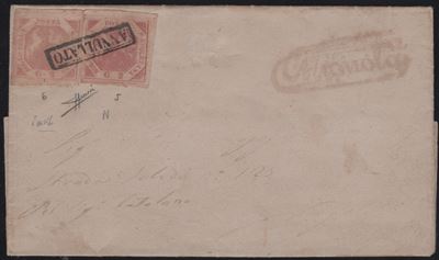 Affrancature composte per Napoli, 1858 - 2 grana rosa chiaro n.5 e 2 grana rosa brunastro n.6
