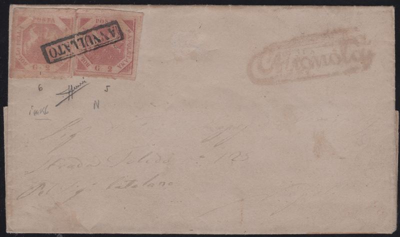Affrancature composte per Napoli, 1858 - 2 grana rosa chiaro n.5 e 2 grana rosa brunastro n.6
