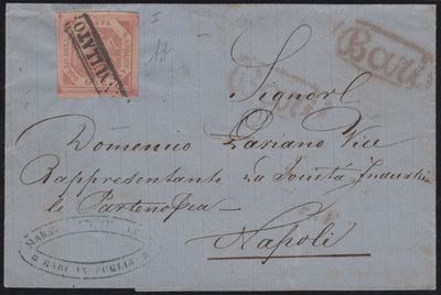 Napoli, Lettera con annullamenti ovale di Bari rosso impresso, 1858