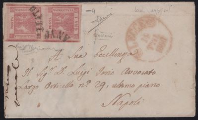 Lettera di Lecce a Napoli, affrancata con coppia del 1gr. rosa carminio n.4, Periodo dittatoriale...