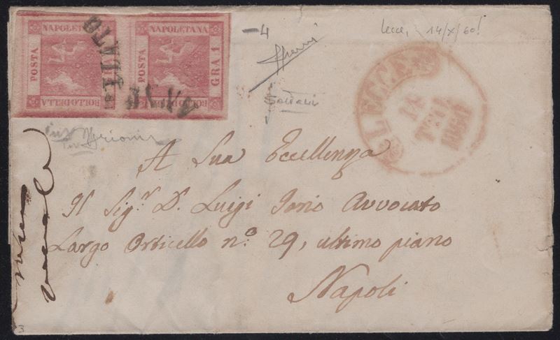 Lettera di Lecce a Napoli, affrancata con coppia del 1gr. rosa carminio n.4, Periodo dittatoriale...