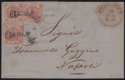 Lettera da Taranto a Napoli, affrancata con valori da 2 grana, 1860
