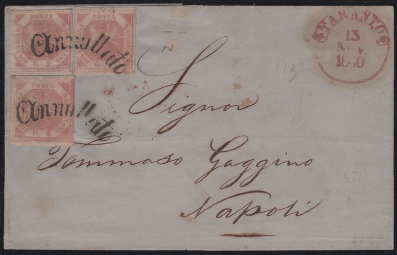 Lettera da Taranto a Napoli, affrancata con valori da 2 grana, 1860