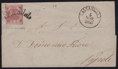 Lettera da Altamura a Napoli con affrancatura 2gr. rosa lillaceo n.5a e svolazzo tipo 13