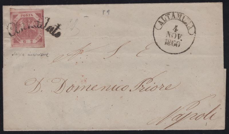 Lettera da Altamura a Napoli con affrancatura 2gr. rosa lillaceo n.5a e svolazzo tipo 13